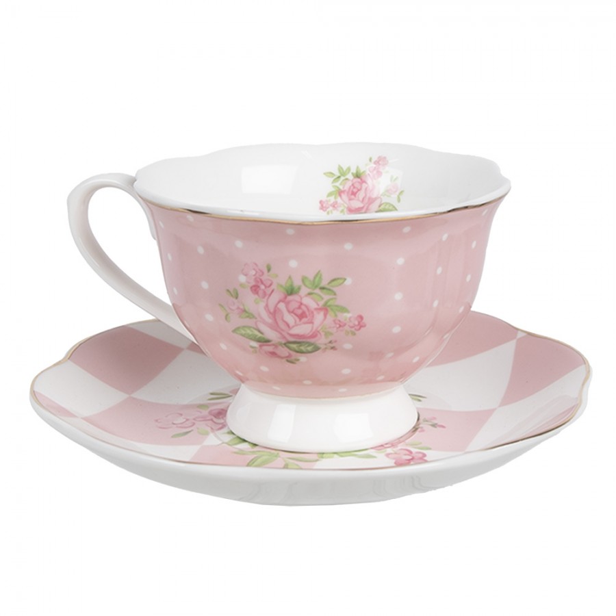 Tazza da the con piattino in porcellana rosa c/fiorellini - 200 ml - 12x6 cm - Clayre e Eef